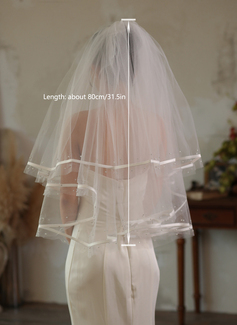 Pearl Satin Cut Edge Two Tier Bridal Short 31" Wedding Veils With Blusher 