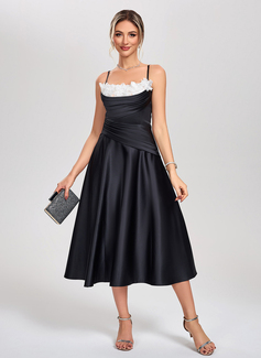 A-line Square Tea-Length Satin Cocktail Dress With Pleated 3D Floral 