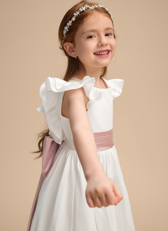 A-line Scoop Floor-Length Lining 100% Cotton Satin Flower Girl Dress With Bow 