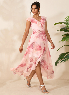 Ruffle Floral Print V-Neck Sleeveless A-line Chiffon Asymmetrical Maxi Dress 