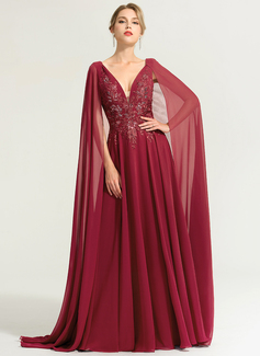A-Linien-Kleid V-Ausschnitt Pinsel-Schleppe Spitze Chiffon Abendkleid mit Cape-Ärmel Pailletten 