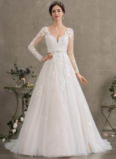 Robe marquise/princesse col v traîne moyenne tulle robe de mariée avec brodé paillettes 