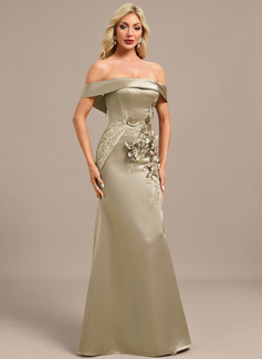 Sheath/Column Off the Shoulder Detachable Floor-Length Satin Evening Dress With Beading Overskirt 3D Floral Sequins Appliques Lace 