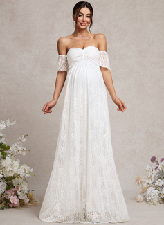 A-line Off the Shoulder Sweep Train Lace Maternity Dresses With Pleated 