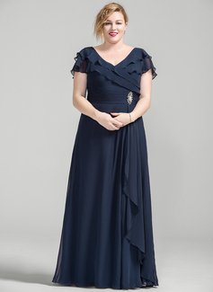 A-line V-Neck Floor-Length Chiffon Mother of the Bride Dress With Cascading Ruffles Crystal Brooch 