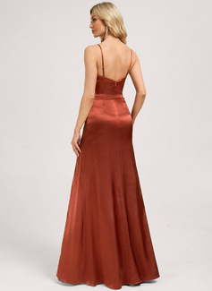 A-line V-Neck Floor-Length Stretch Satin Bridesmaid Dress 