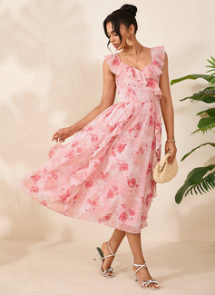 Cascading Ruffles Floral Print Sweetheart Flutter Sleeve A-line Chiffon Midi Dress 