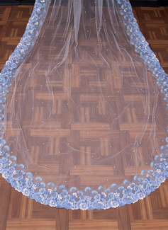 Pearl Floral Lace Edge Single Tier Tulle Bridal Cathedral Length Wedding Veils 
