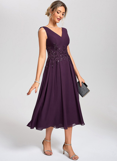 A-line V-Neck Tea-Length Chiffon Lace Cocktail Dress With Sequins 