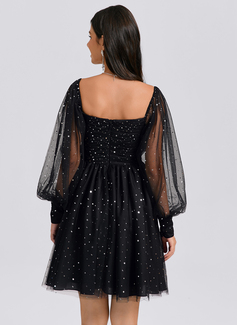 A-line Square Short Tulle Homecoming Dress With Pleated Sequins 