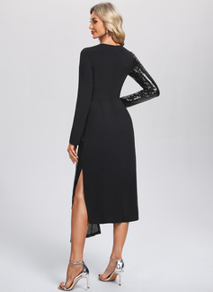 Sheath/Column Scoop Asymmetrical Tea-Length Sequin Stretch Crepe Cocktail Dress 