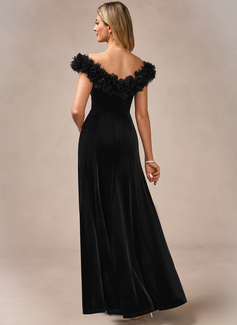 Flower Off the Shoulder Sleeveless Sheath/Column Velvet Maxi Dress 