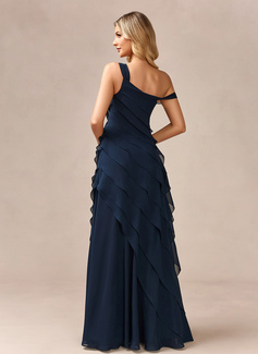 A-line One Shoulder Floor-Length Chiffon Evening Dress With Cascading Ruffles Flower 
