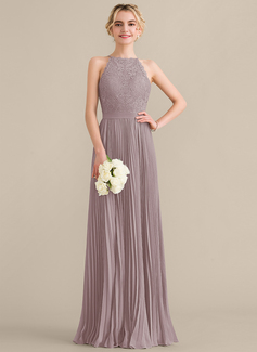 A-Linien-Kleid Rundhals Bodenlang Spitze Chiffon Ballkleid mit Plissee 