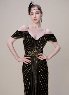 Off the Shoulder Crystal-Encrusted Beaded 1920s Evening Gown 