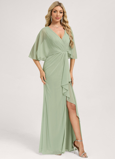 Trumpet/Mermaid V-Neck Floor-Length Mesh Bridesmaid Dress With Cape Ruffle 