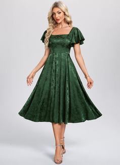 A-line Square Tea-Length Satin Cocktail Dress 
