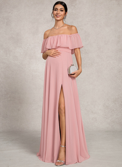 A-line Off the Shoulder Floor-Length Chiffon Maternity Dresses With Bow 