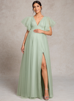 A-line V-Neck Floor-Length Tulle Maternity Dresses With Pleated 