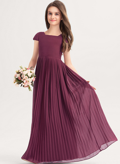 A-line kjole Firkantet hals Gulvlengde Chiffon Brudepikekjole ungdom med Sløyfe Plissert 