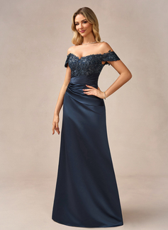 Sheath/Column Off the Shoulder Detachable Floor-Length Satin Lace Evening Dress With Overskirt Sequins Pleated 