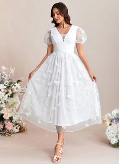 Embroidered V-Neck Short Sleeve A-line Lace Midi Dress 