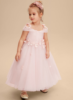 A-line kjole Kald skulder Te-lengde Tyll Brudepikekjole barn med 3D-blomster Sløyfe 