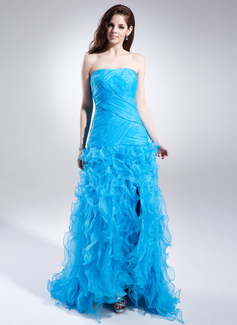 A-Line/Princess Strapless Sweep Train Organza Prom Dresses With Split Front Cascading Ruffles 