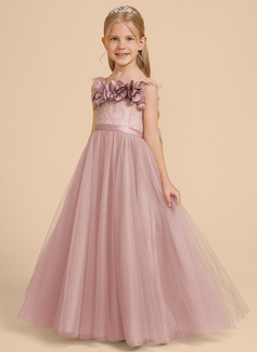 A-line kjole Firkantet hals Gulvlengde Blonder Tyll Brudepikekjole barn med Profilering 3D-blomster 