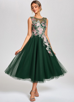A-line Scoop Tea-Length Tulle Lace Cocktail Dress 