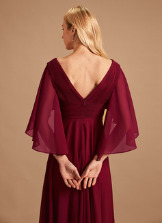 A-Line V-neck Floor-Length Chiffon Bridesmaid Dress With Ruffle 