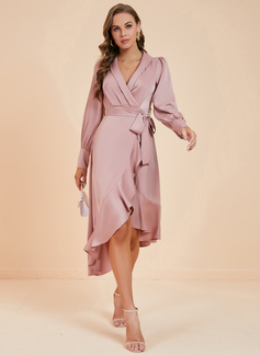 Frynse V-hals Lange ermer A-line kjole Polyester Asymmetrisk Motekjoler 