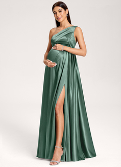 A-line One Shoulder Floor-Length Stretch Satin Maternity Dresses With Ruffle 