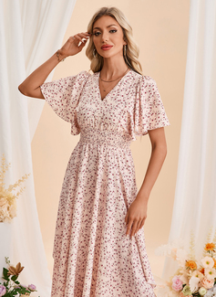Floral Print Smocked V-Neck Short Sleeve A-line Printed Fabric Asymmetrical Maxi Dress 