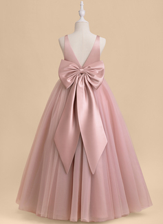 Prinzessin V-Ausschnitt Bodenlang Tüll Satin Blumenmädchenkleid mit Schleife Schärpe 
