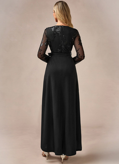 Sequins V-Neck Long Sleeve A-line Stretch Crepe Sequin Asymmetrical Maxi Dress 