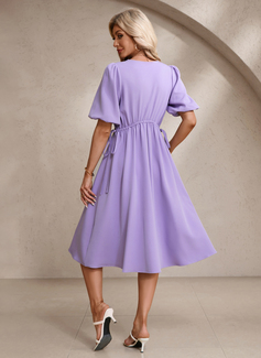 V-Neck Short Sleeve A-line Stretch Crepe Midi Dress 