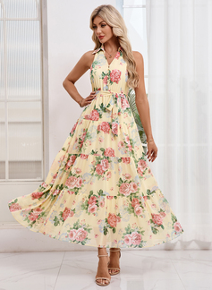 Floral Print Collared Sleeveless A-line Chiffon Maxi Dress 