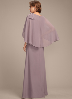 A-line Boat Neck Floor-Length Chiffon Mother of the Bride Dress With Beading Cape Sequins Pleated Bow 