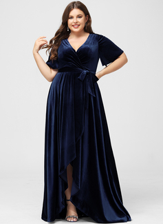 A-Linien-Kleid V-Ausschnitt Vokuhila Samt Brautjungfernkleid mit Schleife 