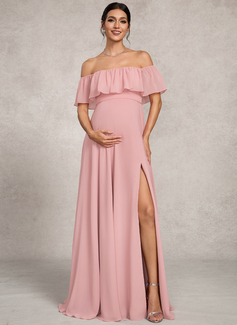 A-line Off the Shoulder Floor-Length Chiffon Maternity Dresses With Bow 