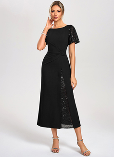 Sheath/Column Boat Neck Tea-Length Stretch Crepe Sequin Cocktail Dress 