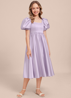 A-line Square Tea-Length Satin Junior Bridesmaid Dress 