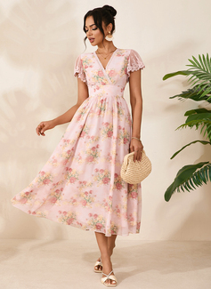 Floral Print V-Neck Short Sleeve A-line Chiffon Midi Dress 