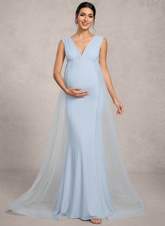 Sheath/Column V-Neck Sweep Train Tulle Jersey Maternity Dresses With Pleated 