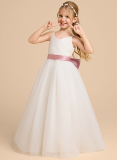 A-line kjole V-hals Gulvlengde Tyll Sateng Brudepikekjole barn med Bånd 