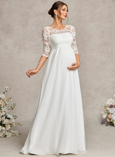 A-line Scoop Illusion Floor-Length Lace Chiffon Maternity Dresses With Bow 