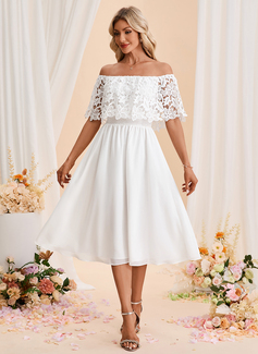 Off the Shoulder Sleeveless A-line Chiffon Lace Midi Dress 