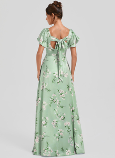 A-line V-Neck Floor-Length Matte Satin Bridesmaid Dress With Ruffle 