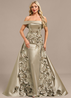 Sheath/Column Off the Shoulder Detachable Floor-Length Satin Evening Dress With Beading Overskirt 3D Floral Sequins Appliques Lace 